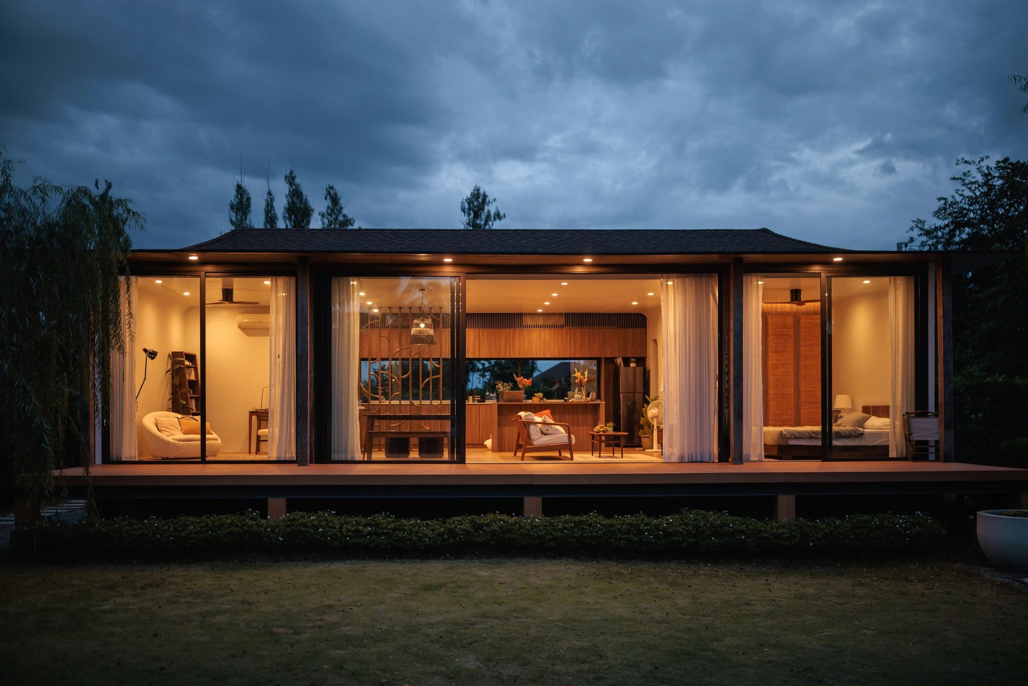 Exterior view of a welcoming vacation home at dusk