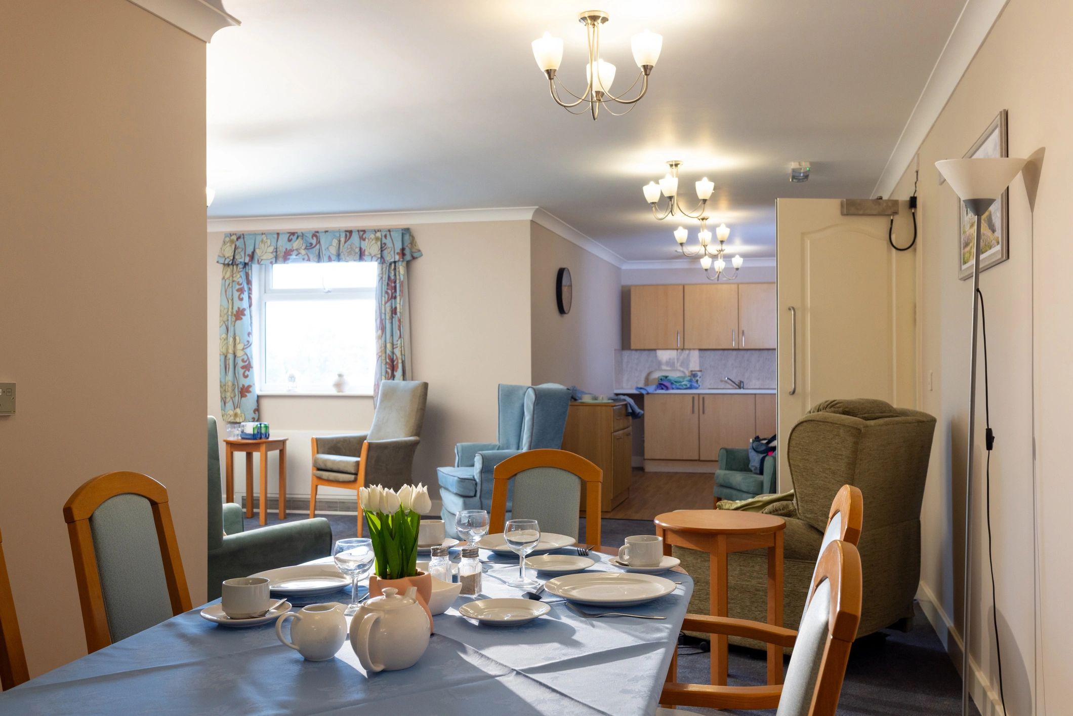Dining area with table set for a meal